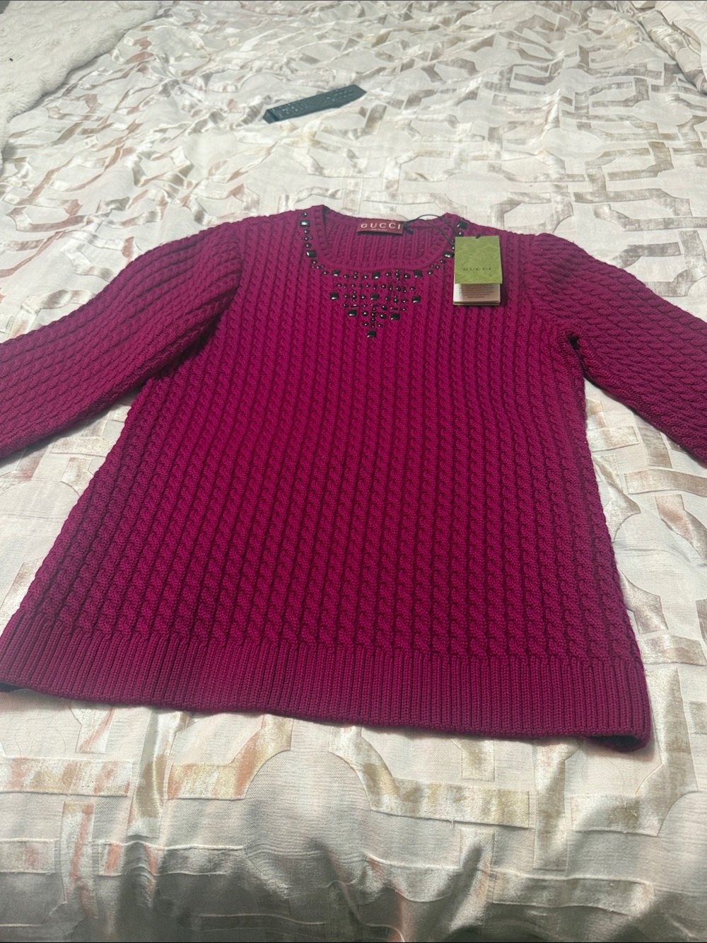 Gucci Women's Magenta Cable Knit Crewneck Sweater with Jeweled Neckline